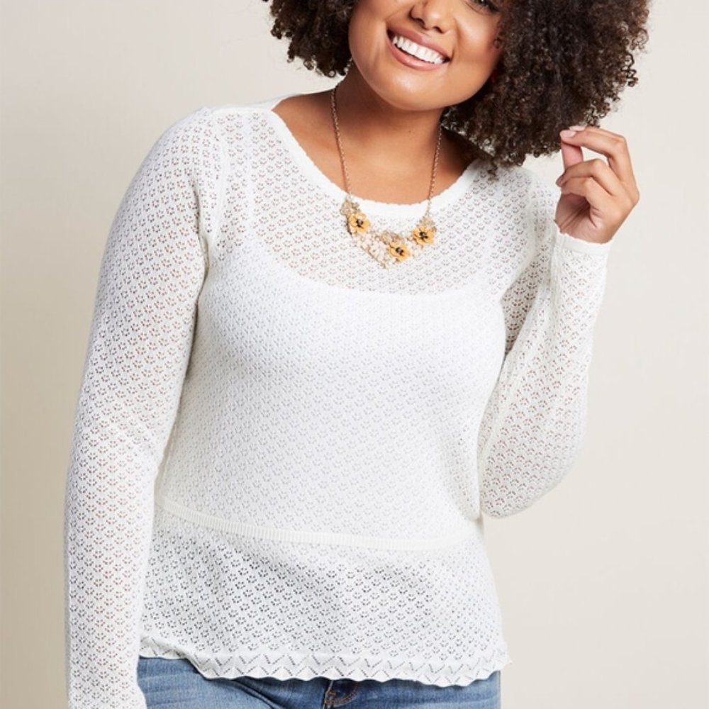 ModCloth Cream Peplum Crochet Sheer Lace Sweater